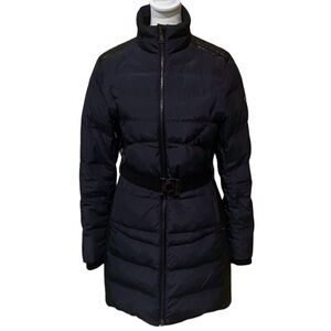 Provo’s Long Women's Black Puffer Coat with Belted Waist. Size M. Navy/Black.
